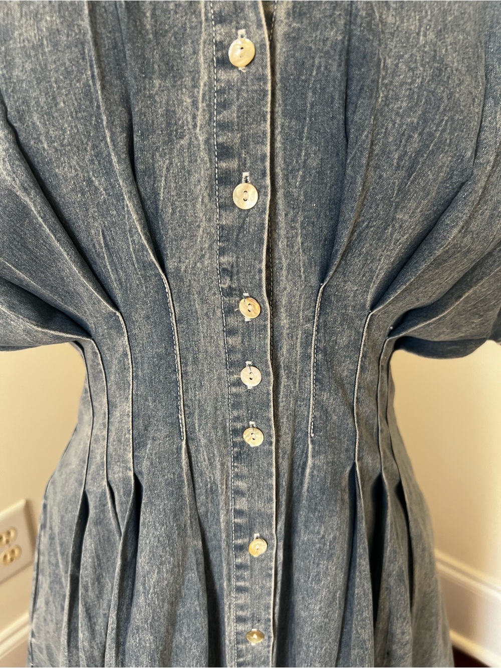 Button-Front Washed Denim Midi Dress in Faded Blue - Picture 2 of 7